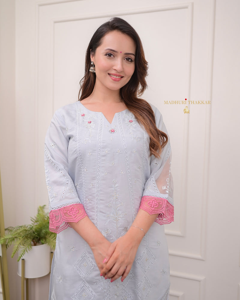 Powder Blue Pink Pakistani Cotton Silk Suit