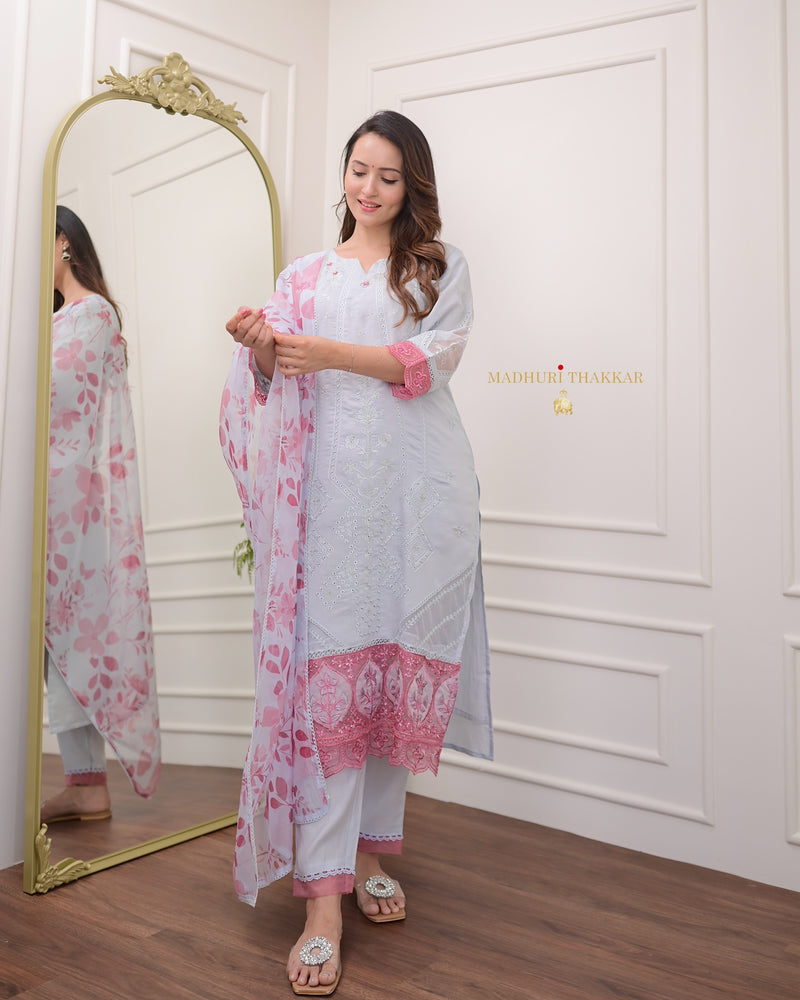 Powder Blue Pink Pakistani Cotton Silk Suit