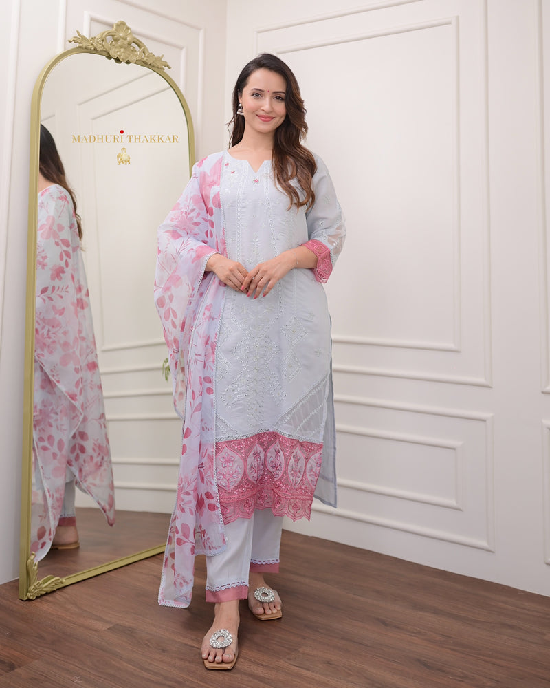 Powder Blue Pink Pakistani Cotton Silk Suit