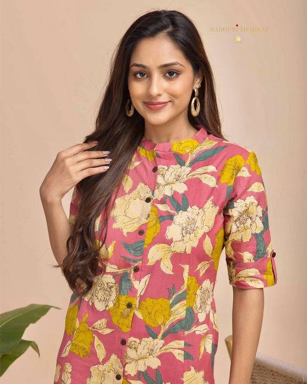 Peach Floral Cotton Kurta Set