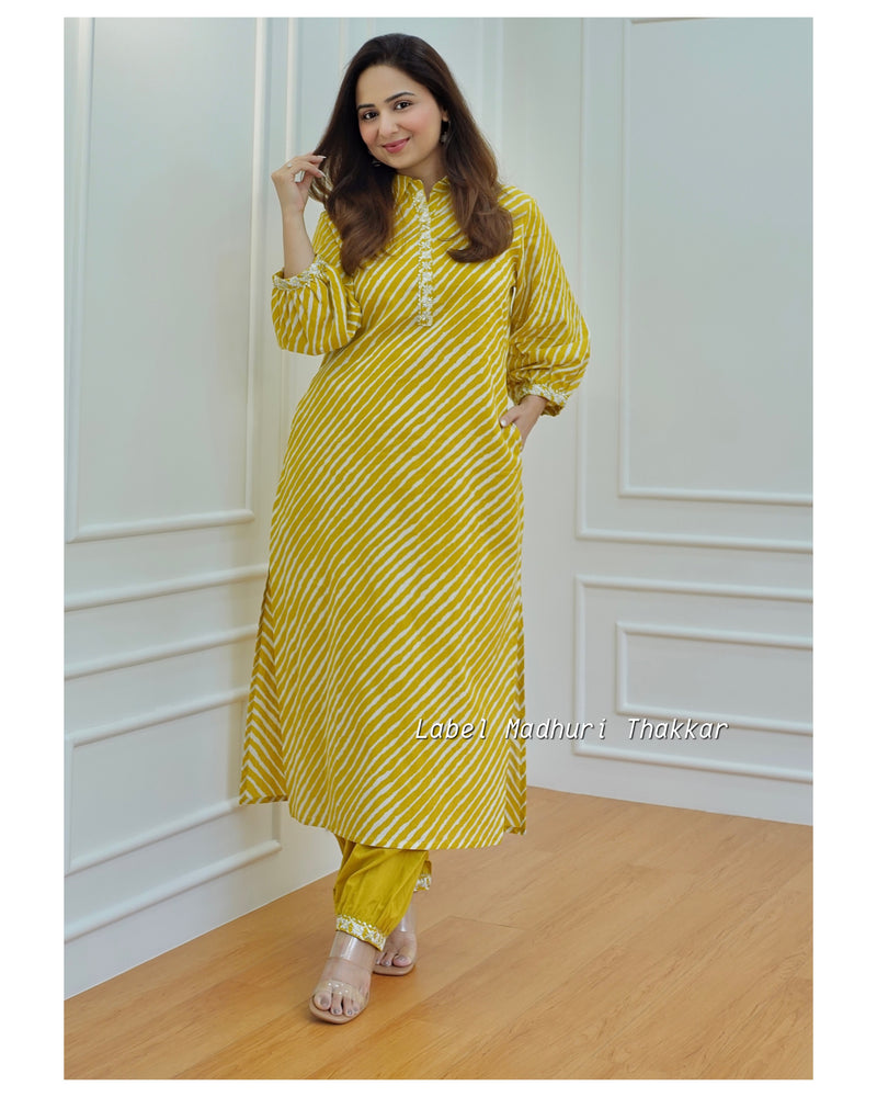 Yellow Leheriya Kurta Set