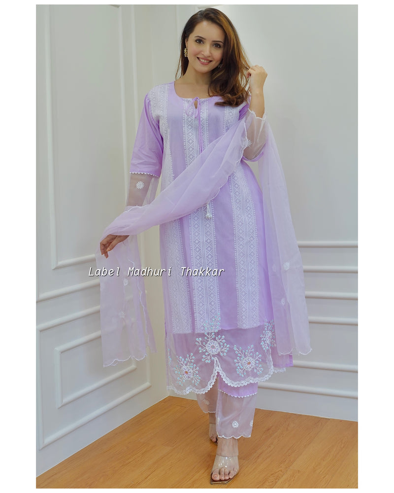 Lilac Organza Embroidered Suit