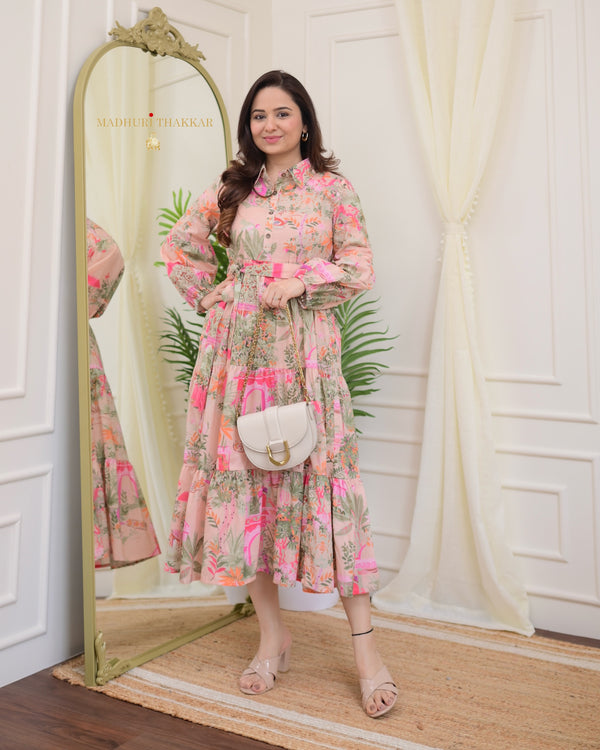 Pink Floral Tiered Belt Linen Dress