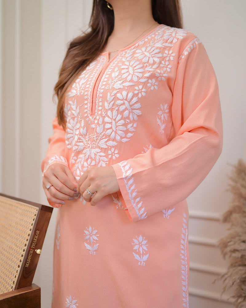 Peach Chikankari Soft Cotton Kurta