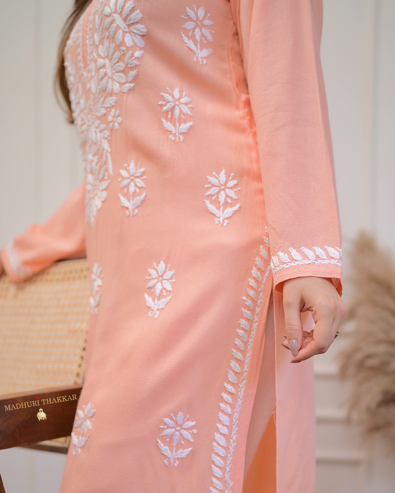 Peach Chikankari Soft Cotton Kurta