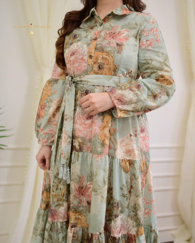 English Green Floral Linen Belt Dress