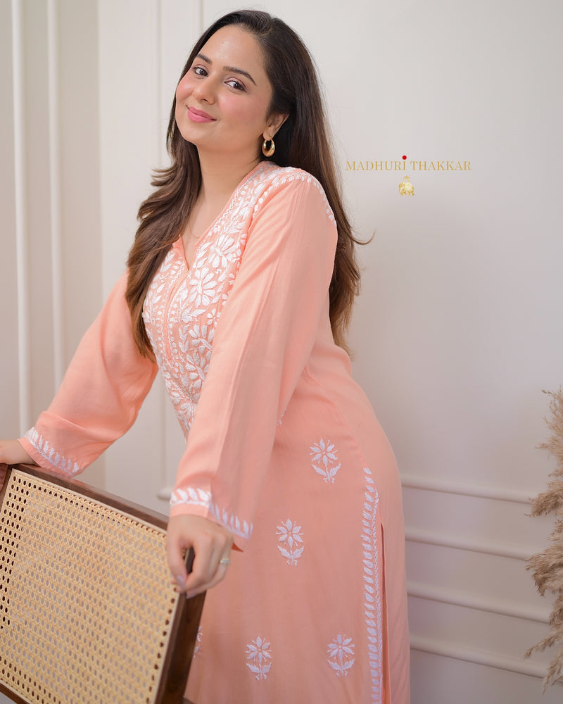 Peach Chikankari Soft Cotton Kurta