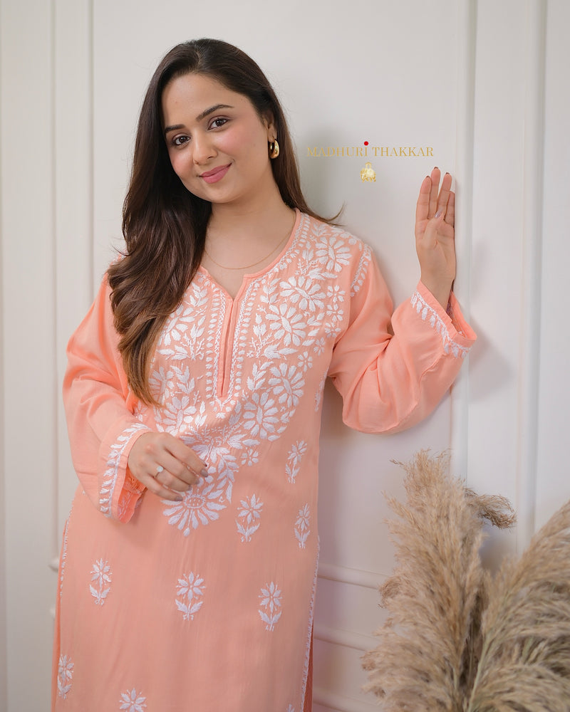 Peach Chikankari Soft Cotton Kurta