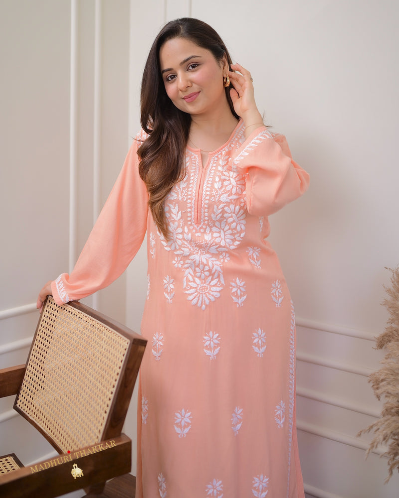 Peach Chikankari Soft Cotton Kurta