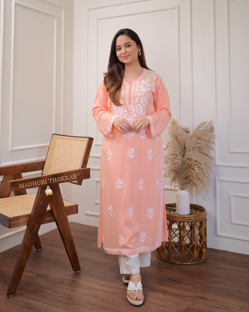 Peach Chikankari Soft Cotton Kurta