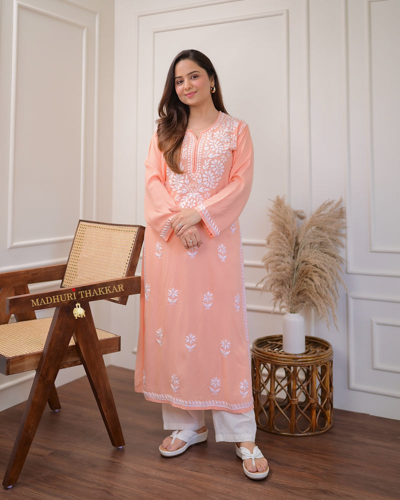 Peach Chikankari Soft Cotton Kurta