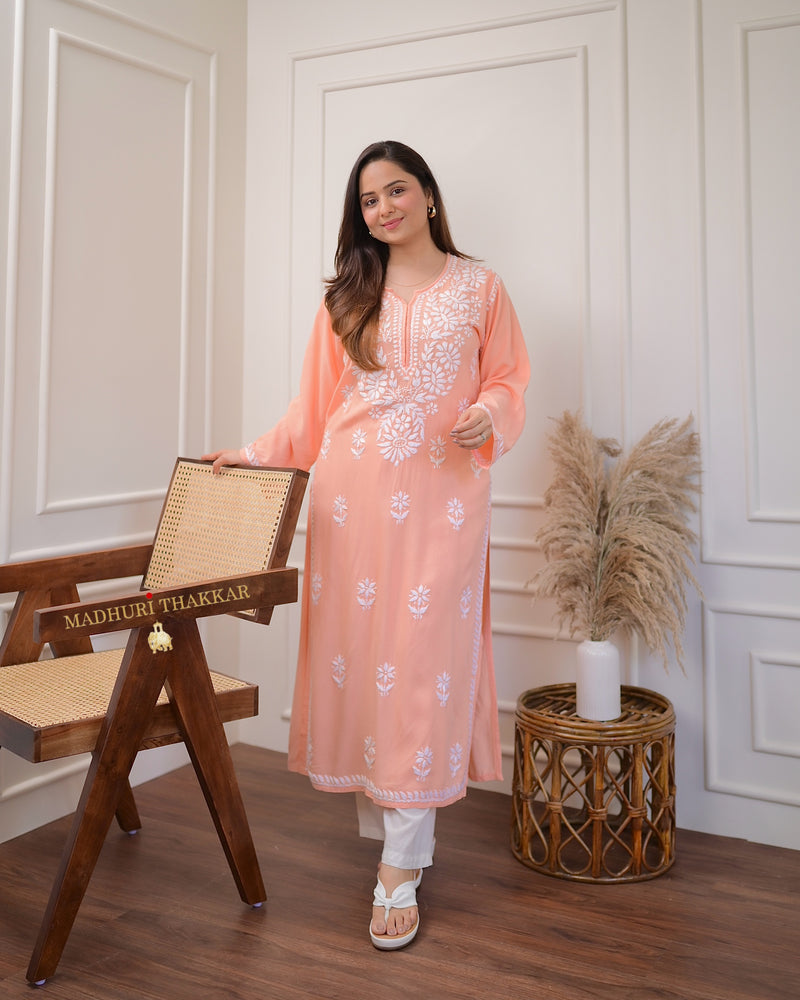 Peach Chikankari Soft Cotton Kurta