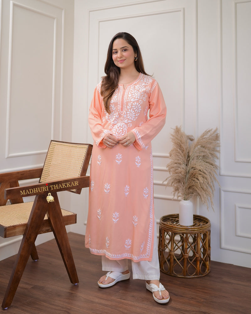 Peach Chikankari Soft Cotton Kurta