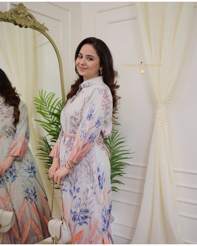 Grey Blue Floral Belt Linen Dress