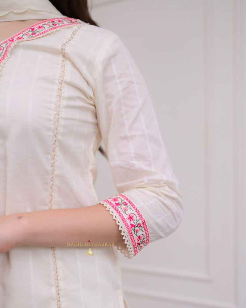 Ivory Pink Threadwork Cotton Festive Suit