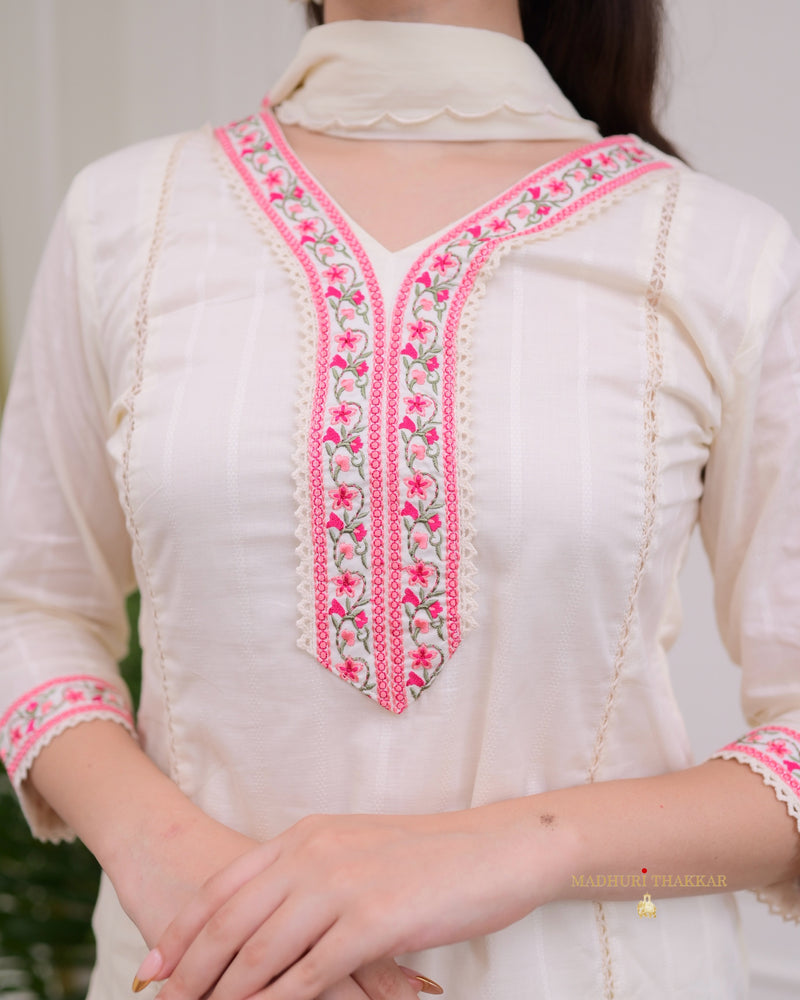 Ivory Pink Threadwork Cotton Festive Suit