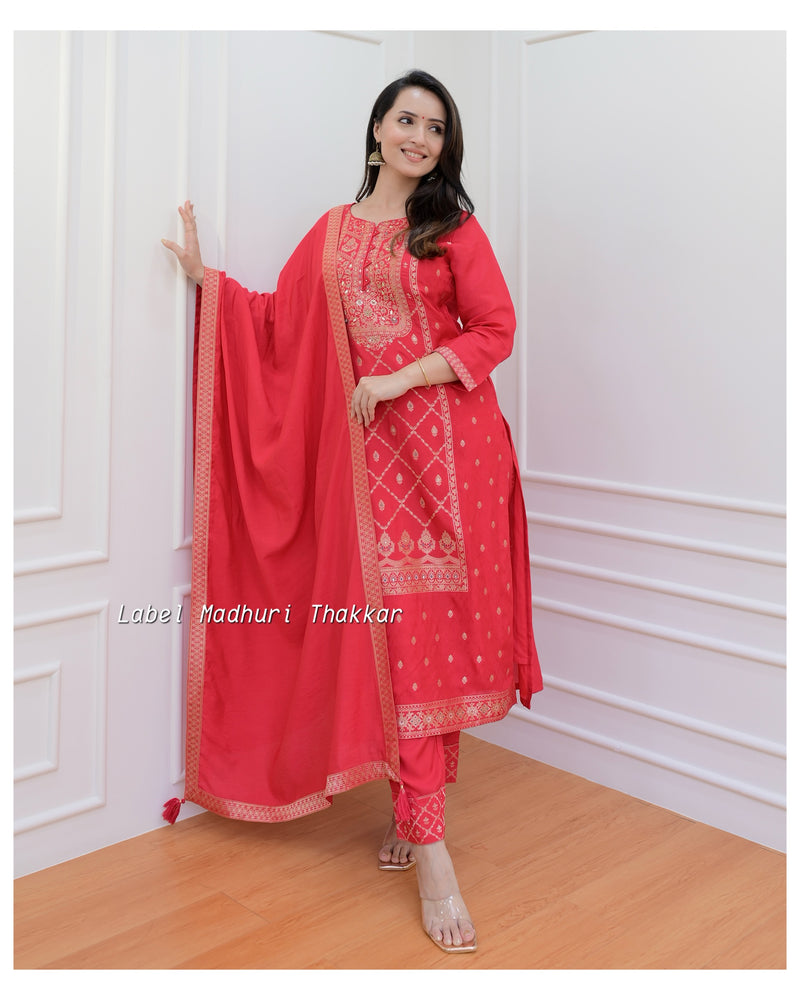 Red Handwork Silk Suit