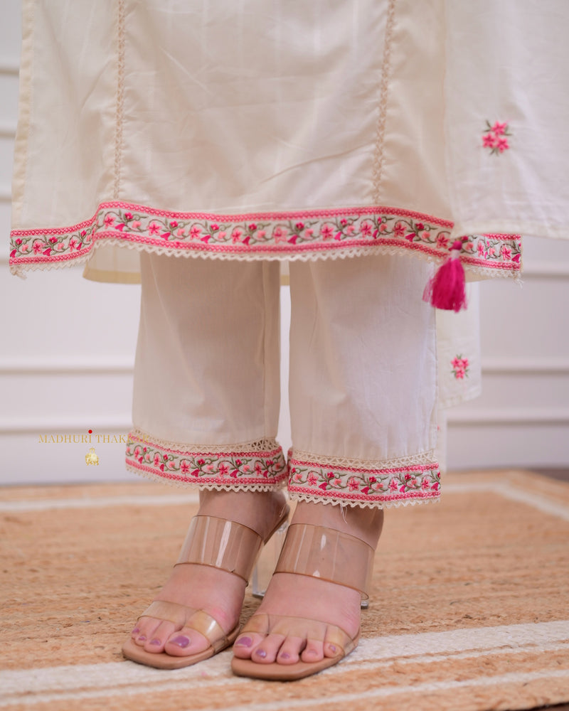 Ivory Pink Threadwork Cotton Festive Suit