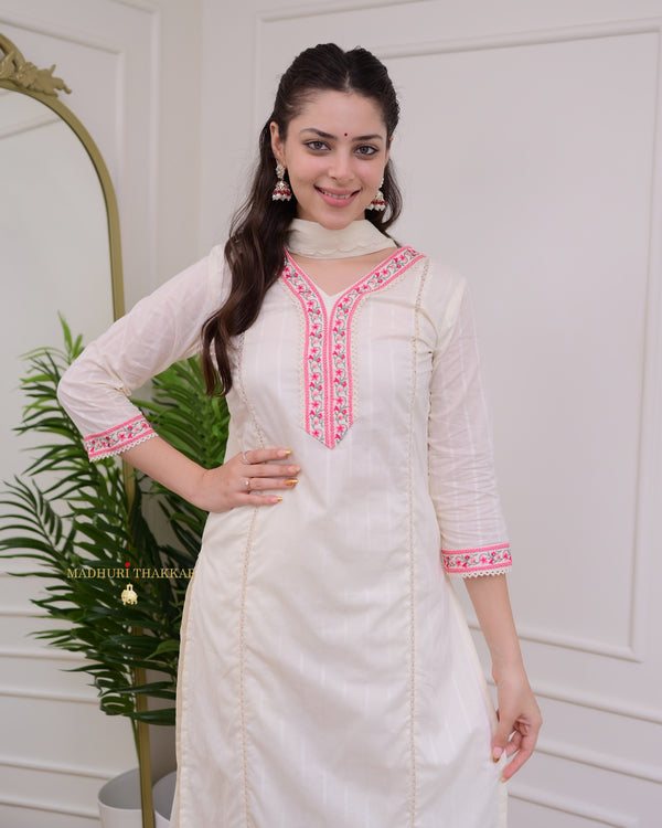 Ivory Pink Threadwork Cotton Festive Suit