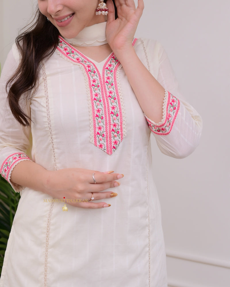 Ivory Pink Threadwork Cotton Festive Suit