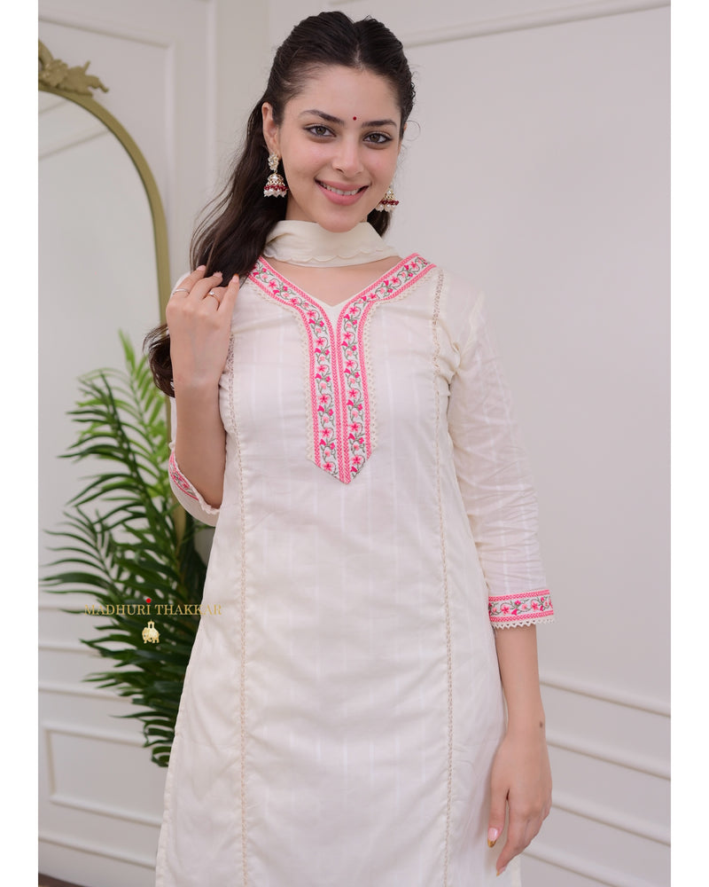 Ivory Pink Threadwork Cotton Festive Suit