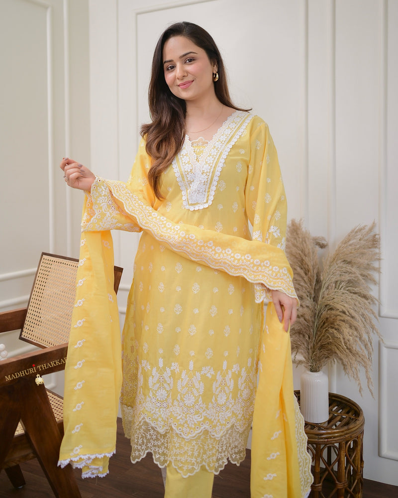 Yellow Schiffli Pakistani Cotton Suit