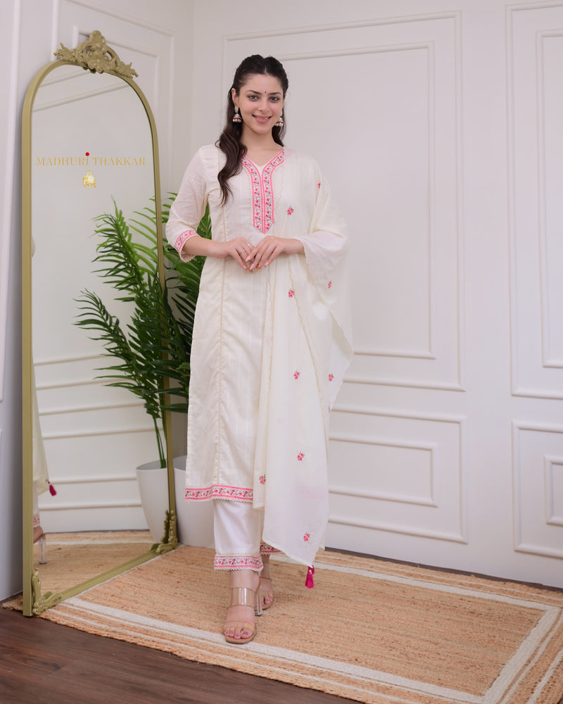 Ivory Pink Threadwork Cotton Festive Suit