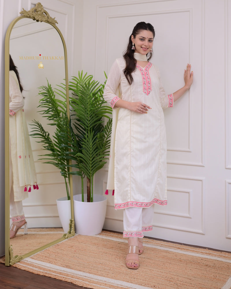 Ivory Pink Threadwork Cotton Festive Suit