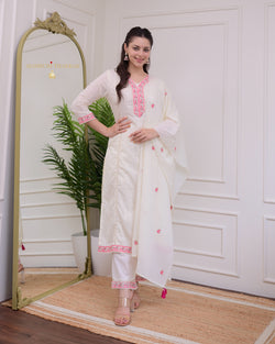 Ivory Pink Threadwork Cotton Festive Suit