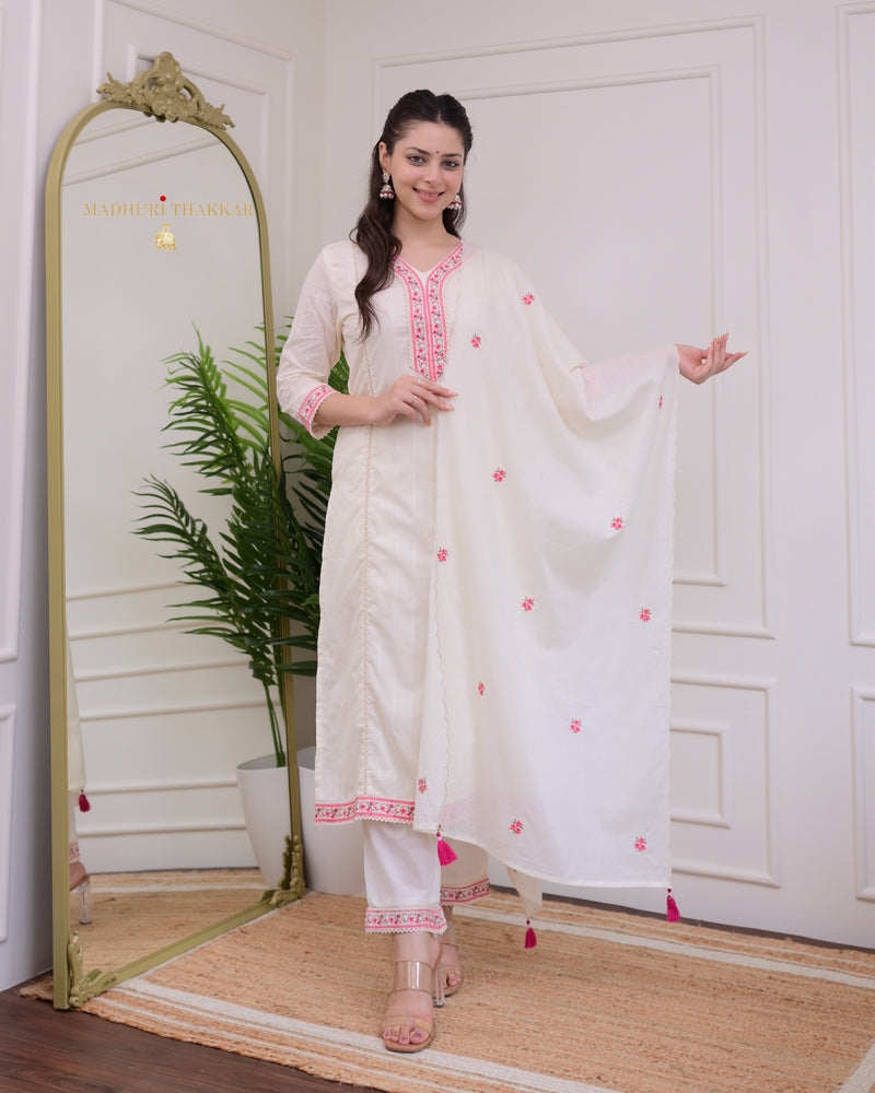 Ivory Pink Threadwork Cotton Festive Suit