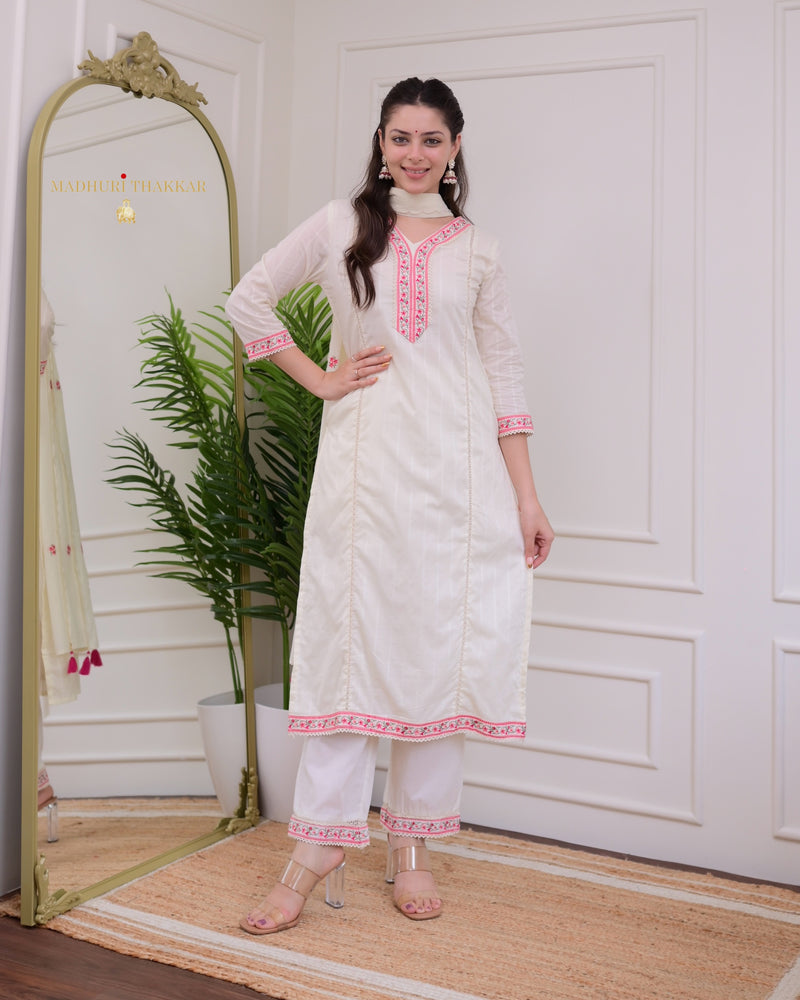 Ivory Pink Threadwork Cotton Festive Suit