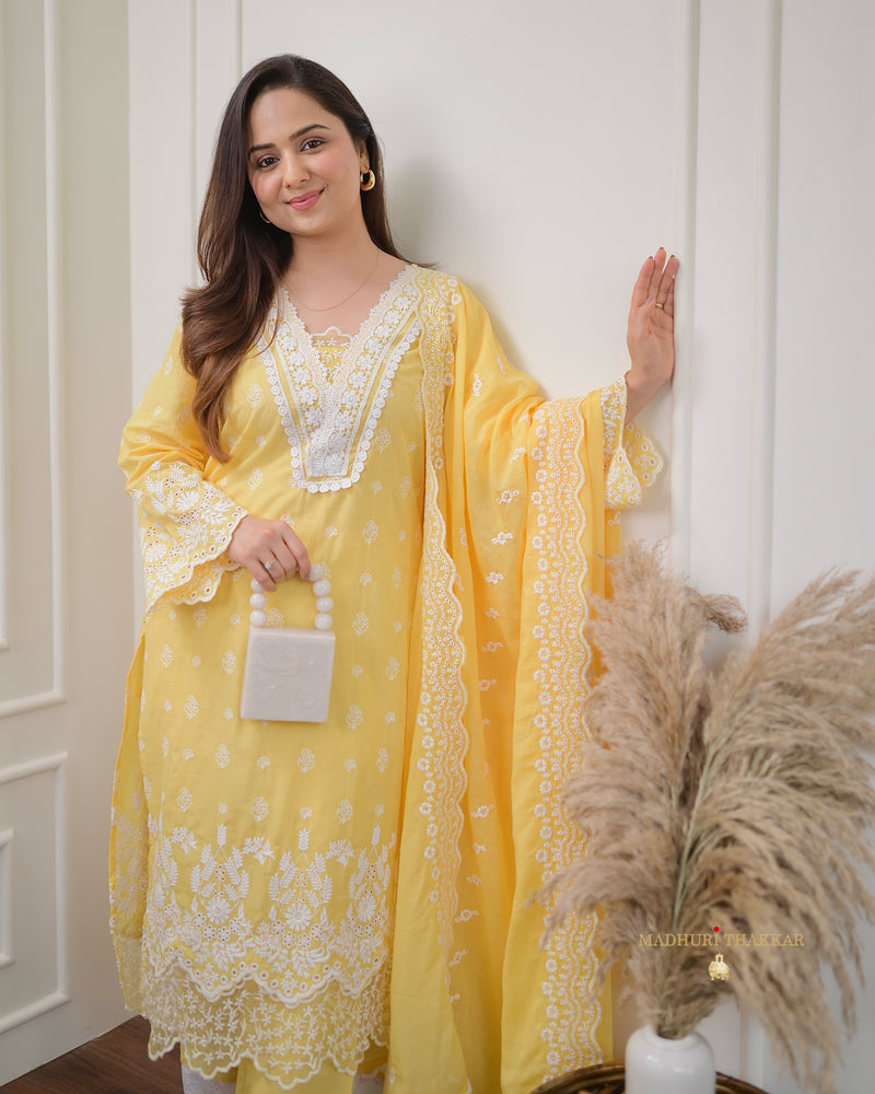 Yellow Schiffli Pakistani Cotton Suit