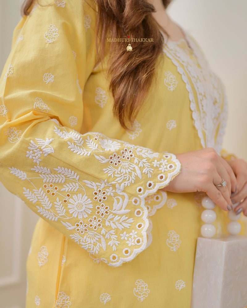 Yellow Schiffli Pakistani Cotton Suit