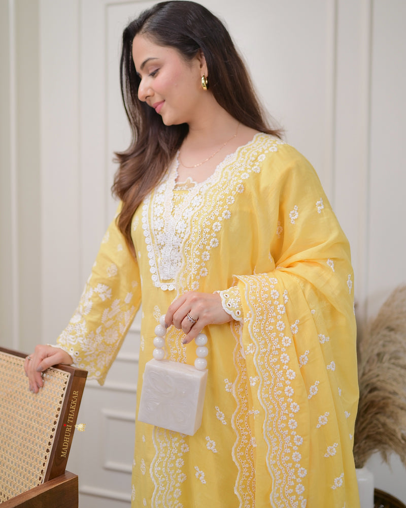 Yellow Schiffli Pakistani Cotton Suit