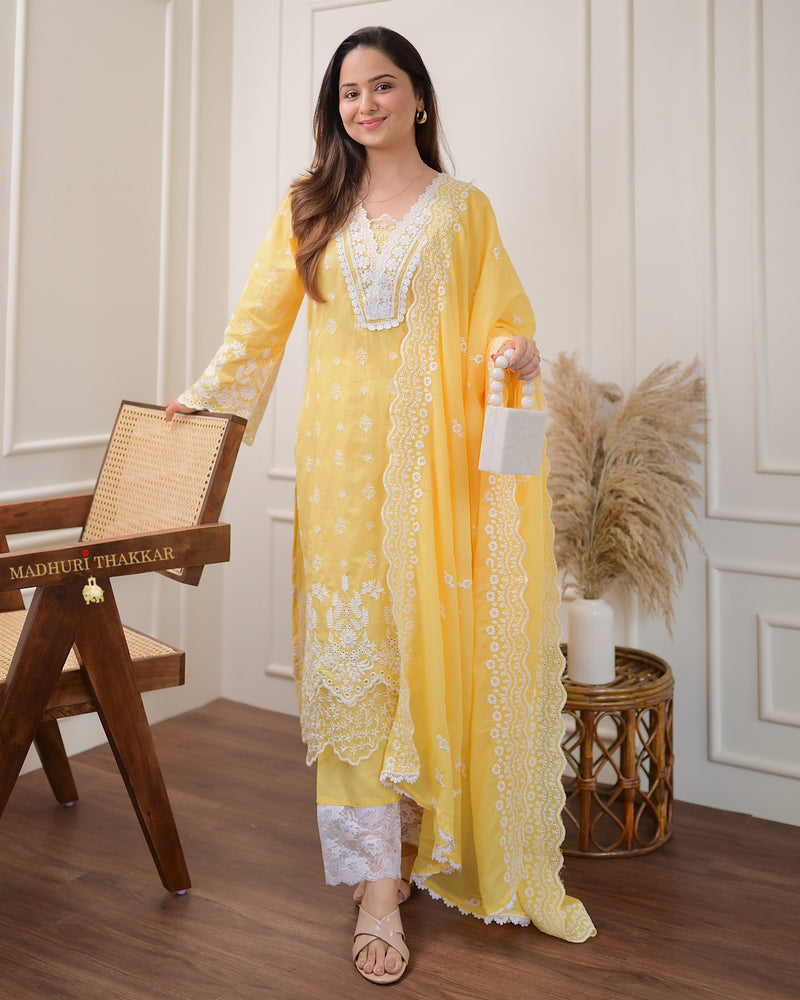 Yellow Schiffli Pakistani Cotton Suit