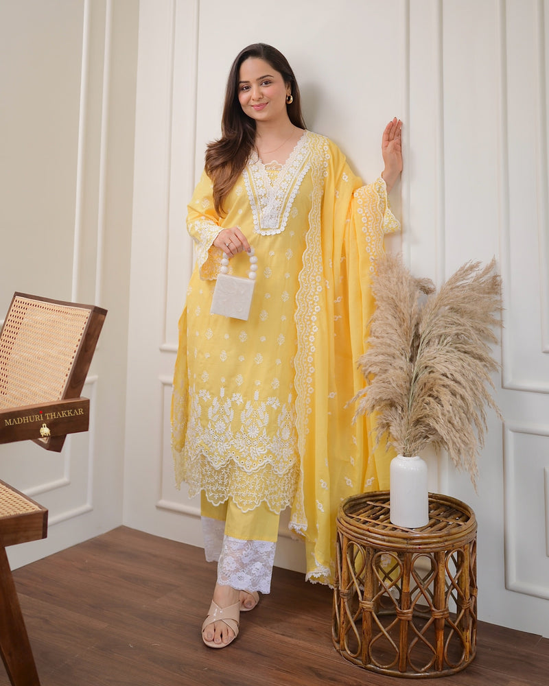 Yellow Schiffli Pakistani Cotton Suit