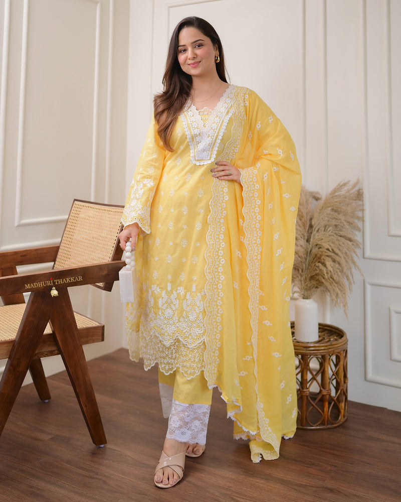 Yellow Schiffli Pakistani Cotton Suit