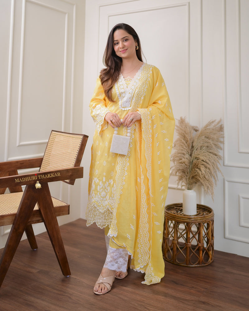 Yellow Schiffli Pakistani Cotton Suit