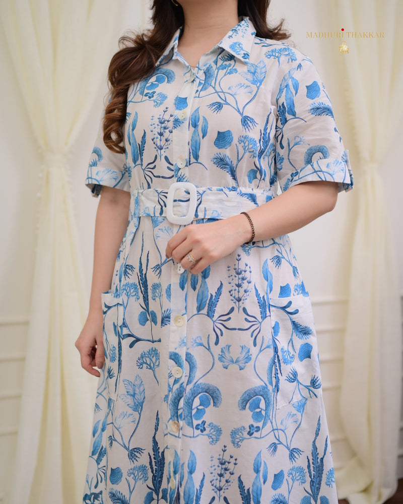 Blue - Ivory Belt Premium Cotton Dress