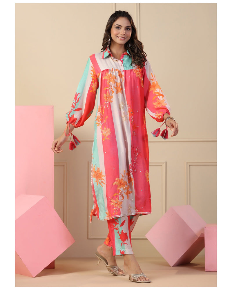 Multi Color Muslin Handwork Co-ord Set