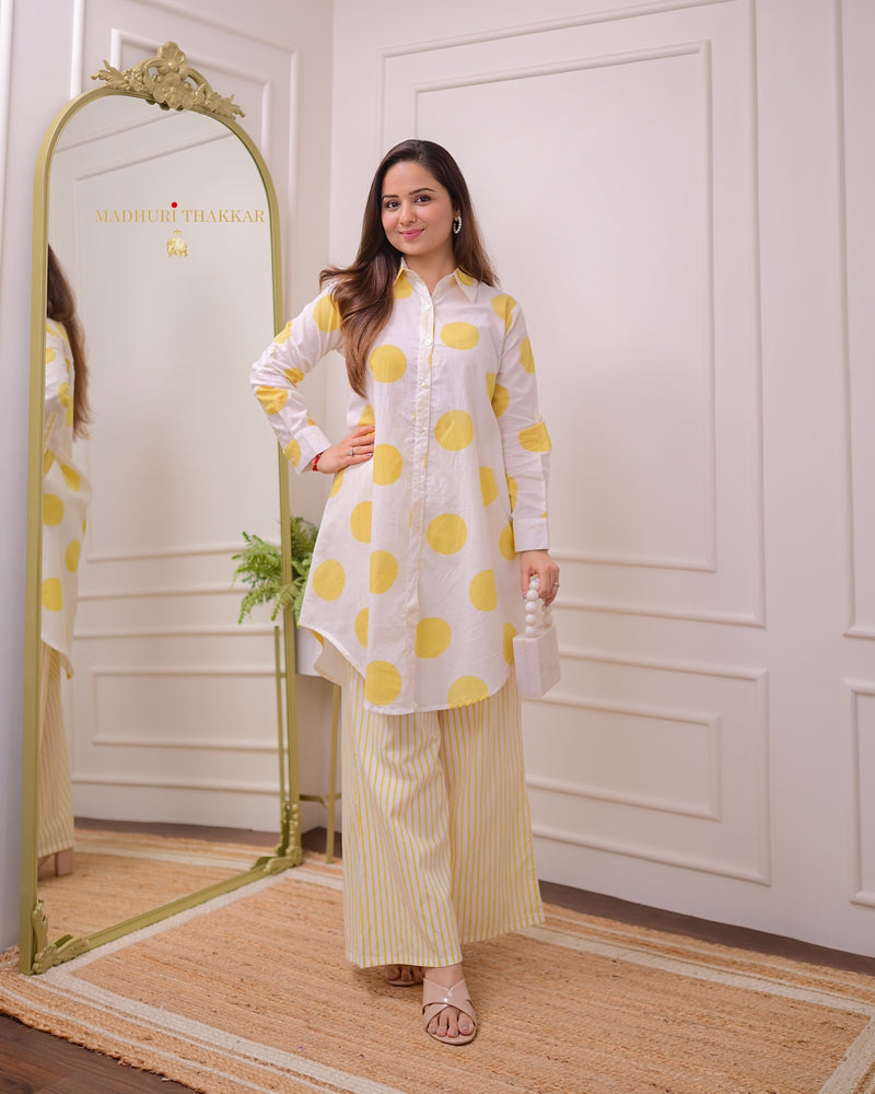 Yellow Polka Striped Mul Cotton Co-ord