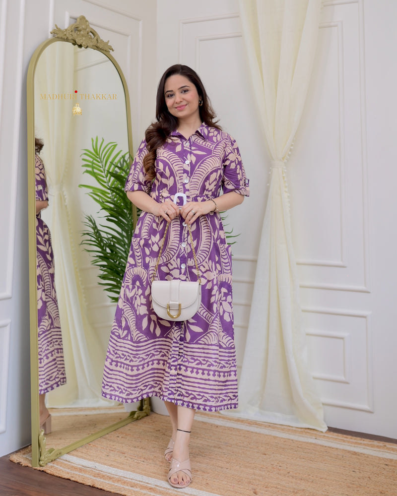 Lavender - Ivory Belt Premium Cotton Dress