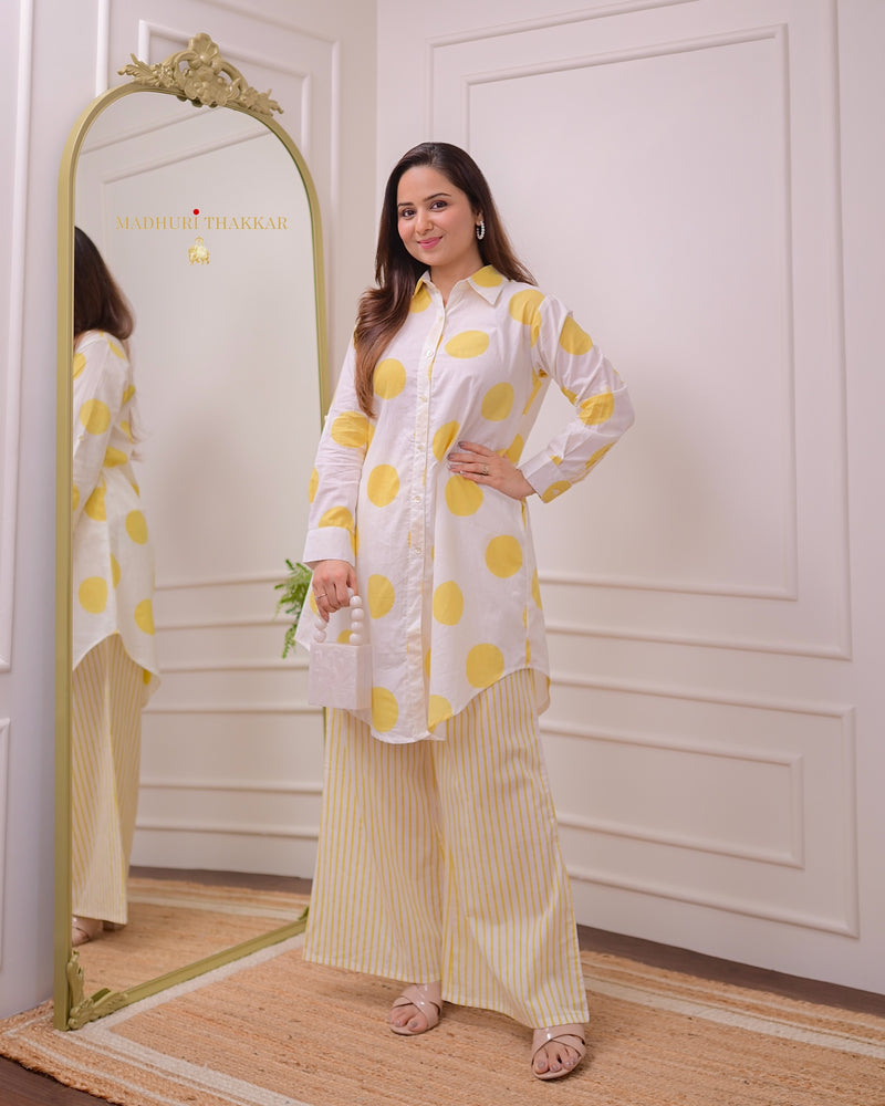 Yellow Polka Striped Mul Cotton Co-ord