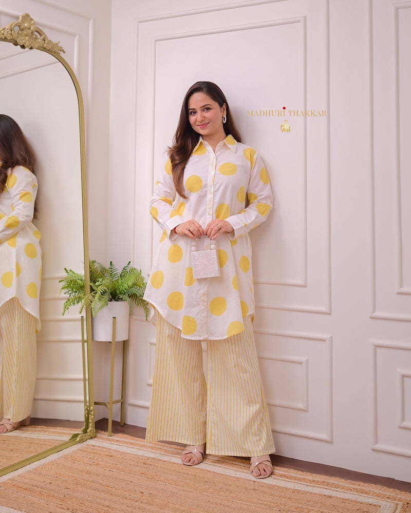 Yellow Polka Striped Mul Cotton Co-ord