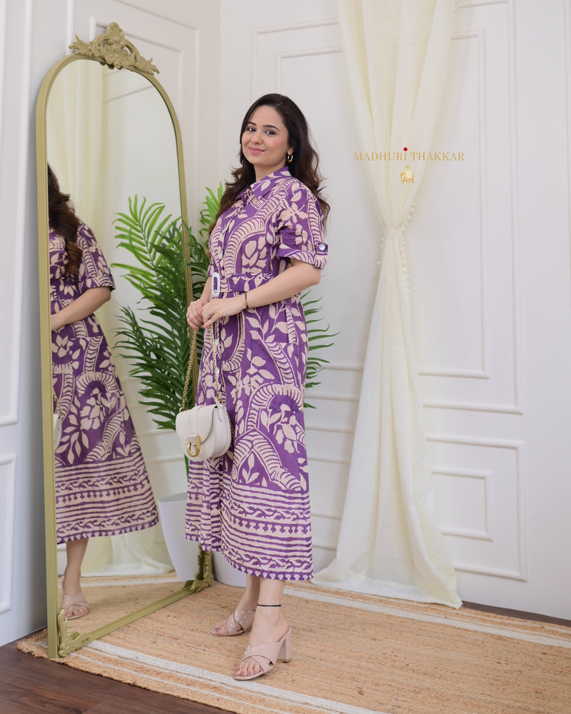 Lavender - Ivory Belt Premium Cotton Dress