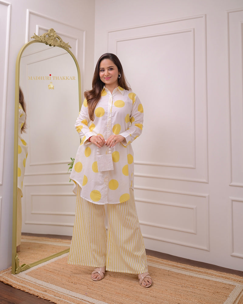 Yellow Polka Striped Mul Cotton Co-ord