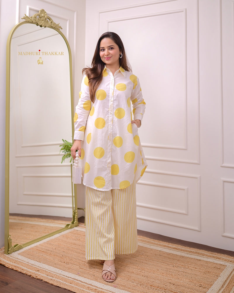 Yellow Polka Striped Mul Cotton Co-ord