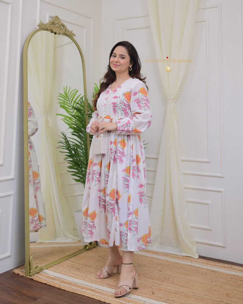 Ivory Floral Premium Cotton A Line Dress