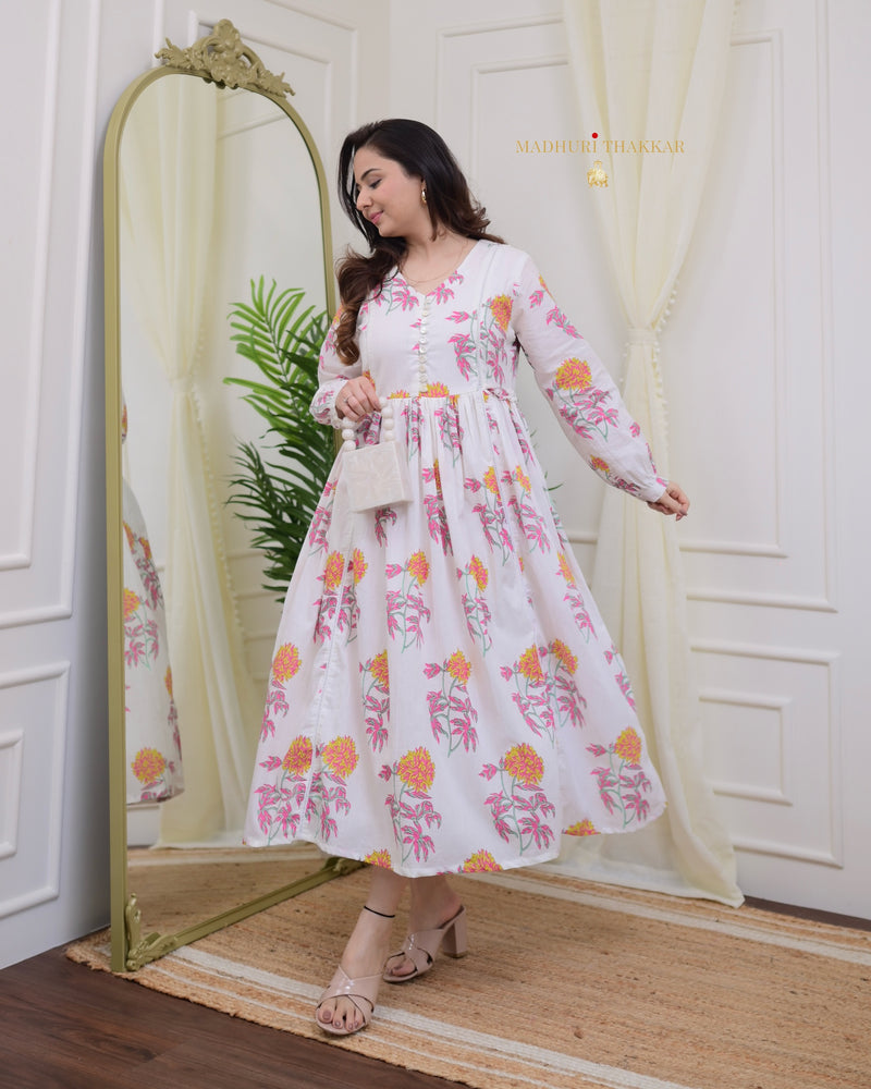 Ivory Floral Premium Cotton A Line Dress