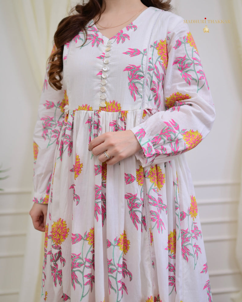 Ivory Floral Premium Cotton A Line Dress